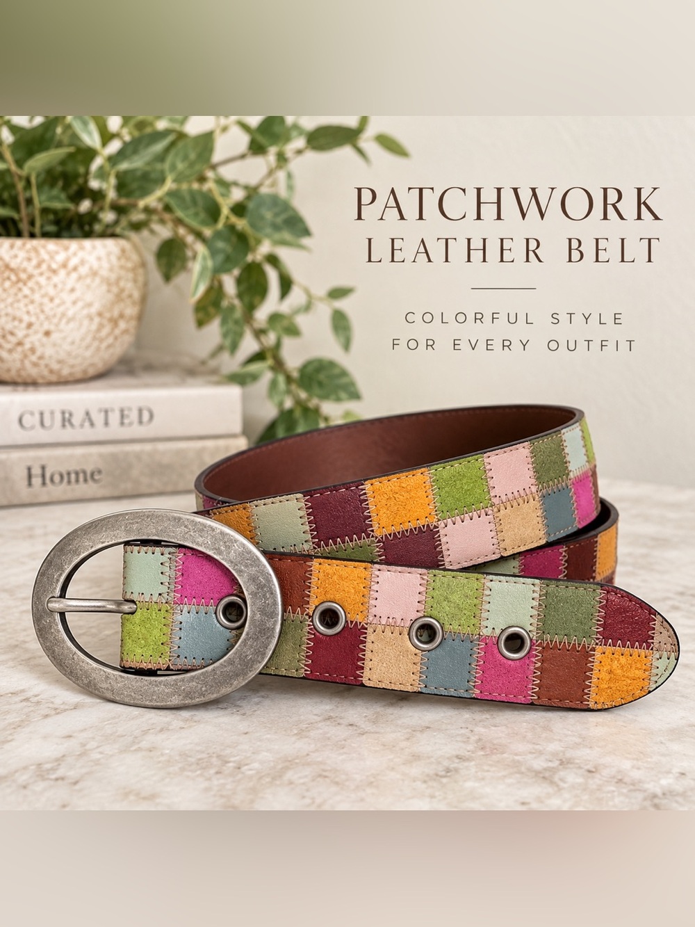Vintage-Style Leather Patchwork Belt Multicolor Boho Western Large